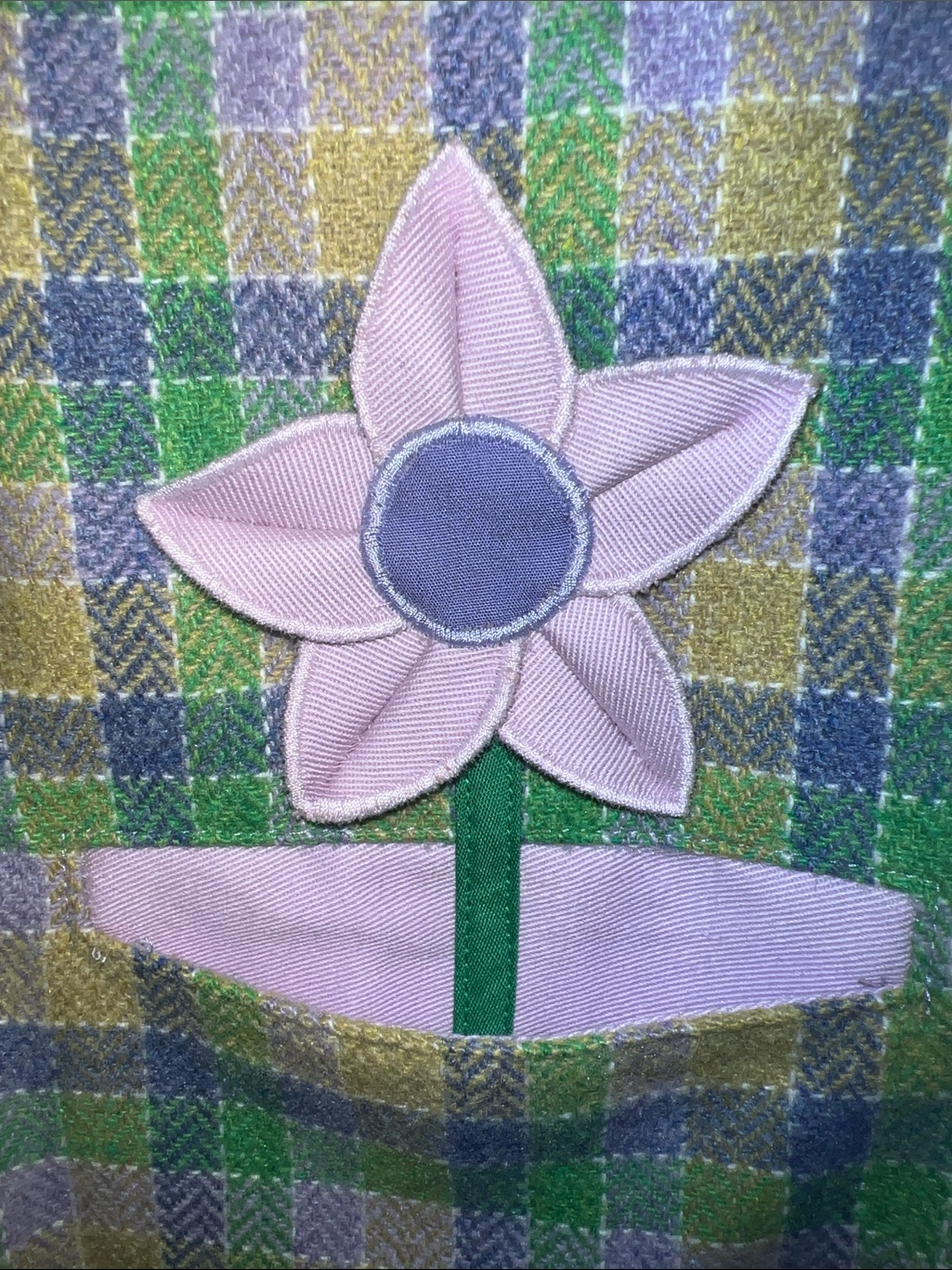 Vintage Florence Eiseman Green Plaid Jumper With Pink Flower Appliqu — image 6 of 8